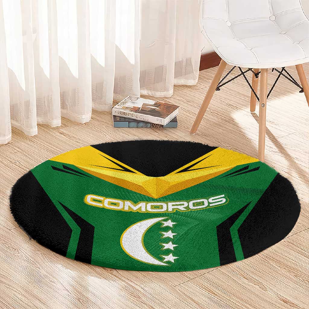 Comoros Round Carpet - National Colors Green Yellow Black Crescent Moon and Stars Emblem TS04