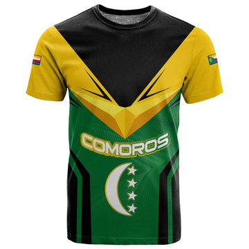 Comoros T shirt - National Colors Green Yellow Black Crescent Moon and Stars Emblem TS04