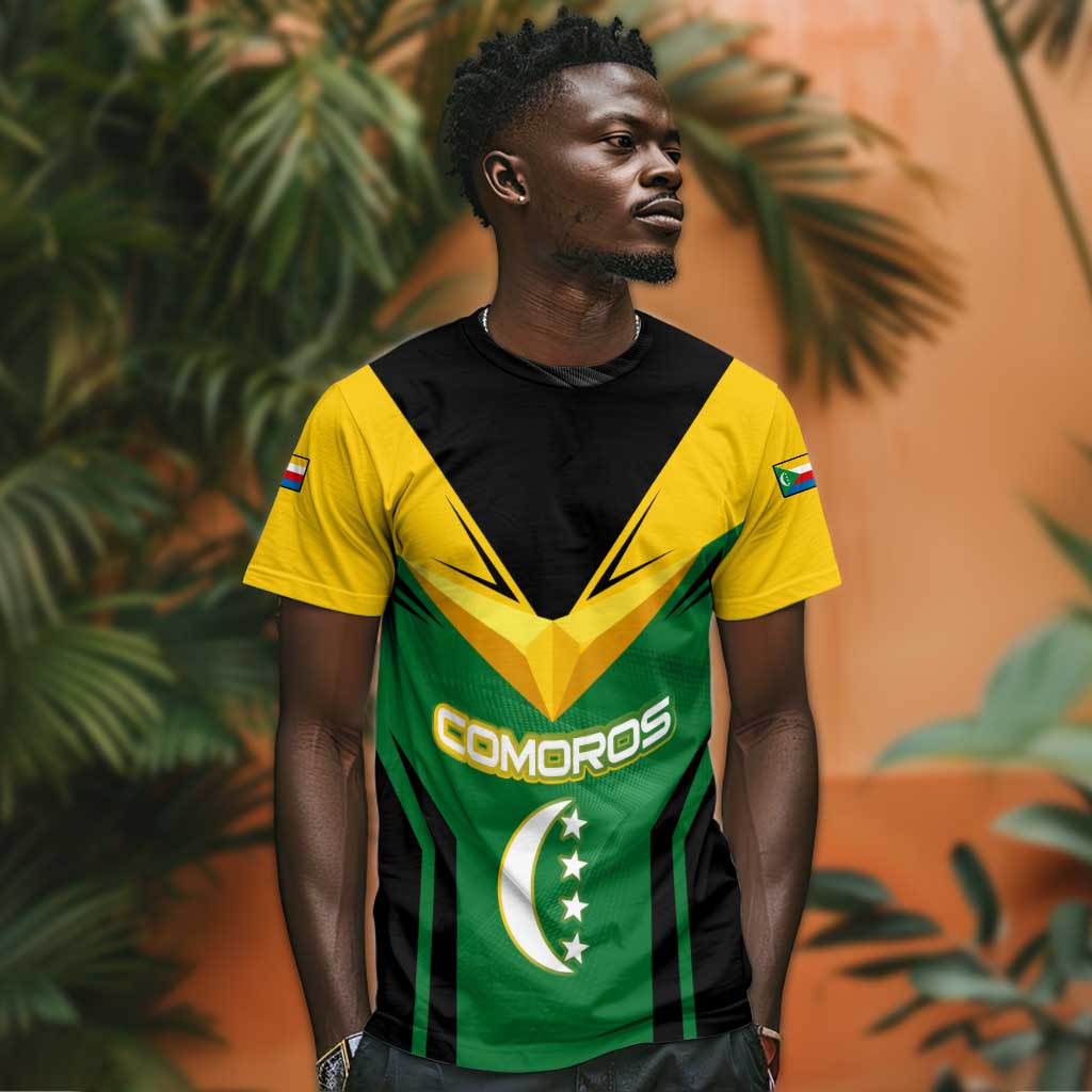 Comoros T shirt - National Colors Green Yellow Black Crescent Moon and Stars Emblem TS04
