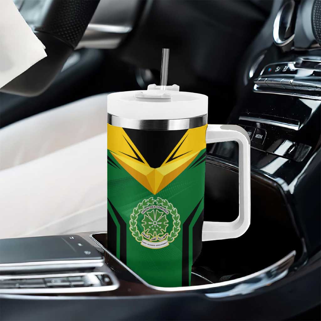 Comoros Tumbler With Handle - National Colors Green Yellow Black Crescent Moon and Stars Emblem TS04