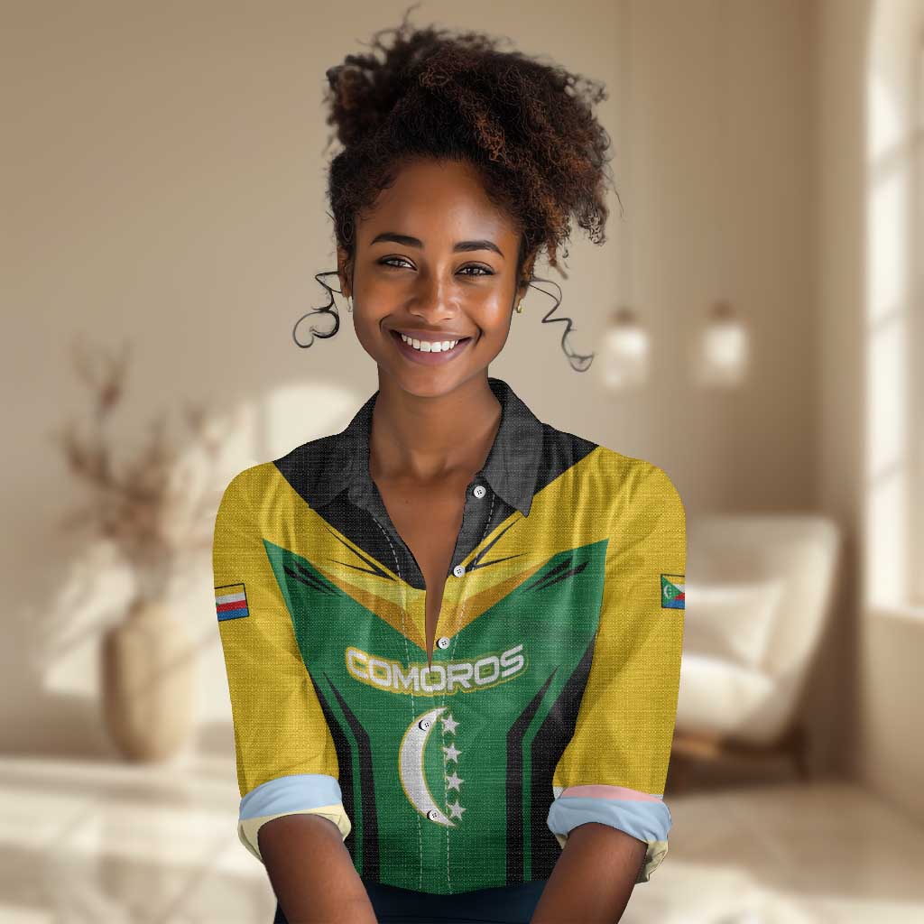 Comoros Women Casual Shirt - National Colors Green Yellow Black Crescent Moon and Stars Emblem TS04