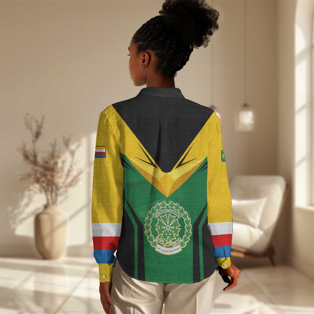 Comoros Women Casual Shirt - National Colors Green Yellow Black Crescent Moon and Stars Emblem TS04