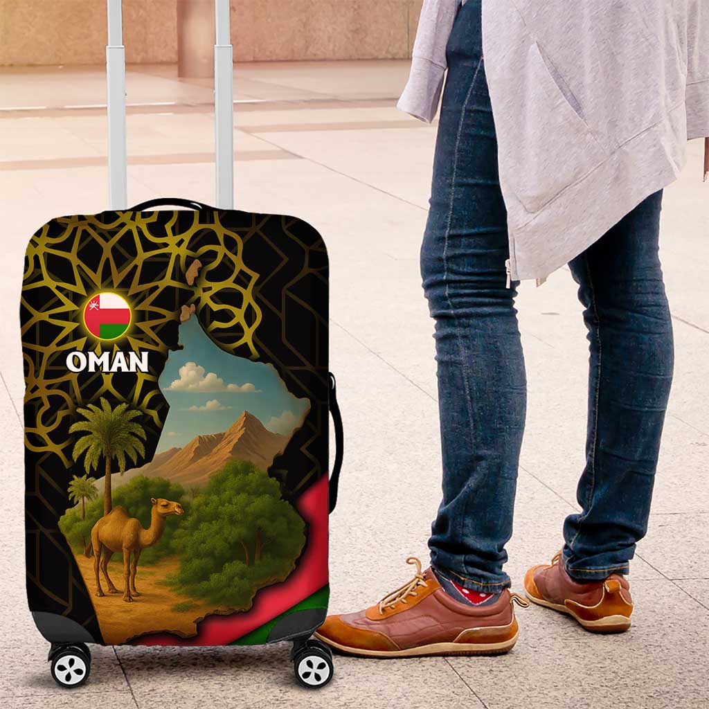 Oman Luggage Cover with Camel Landscape and Geometric Pattern Design TS04