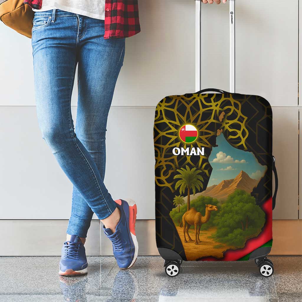 Oman Luggage Cover with Camel Landscape and Geometric Pattern Design TS04