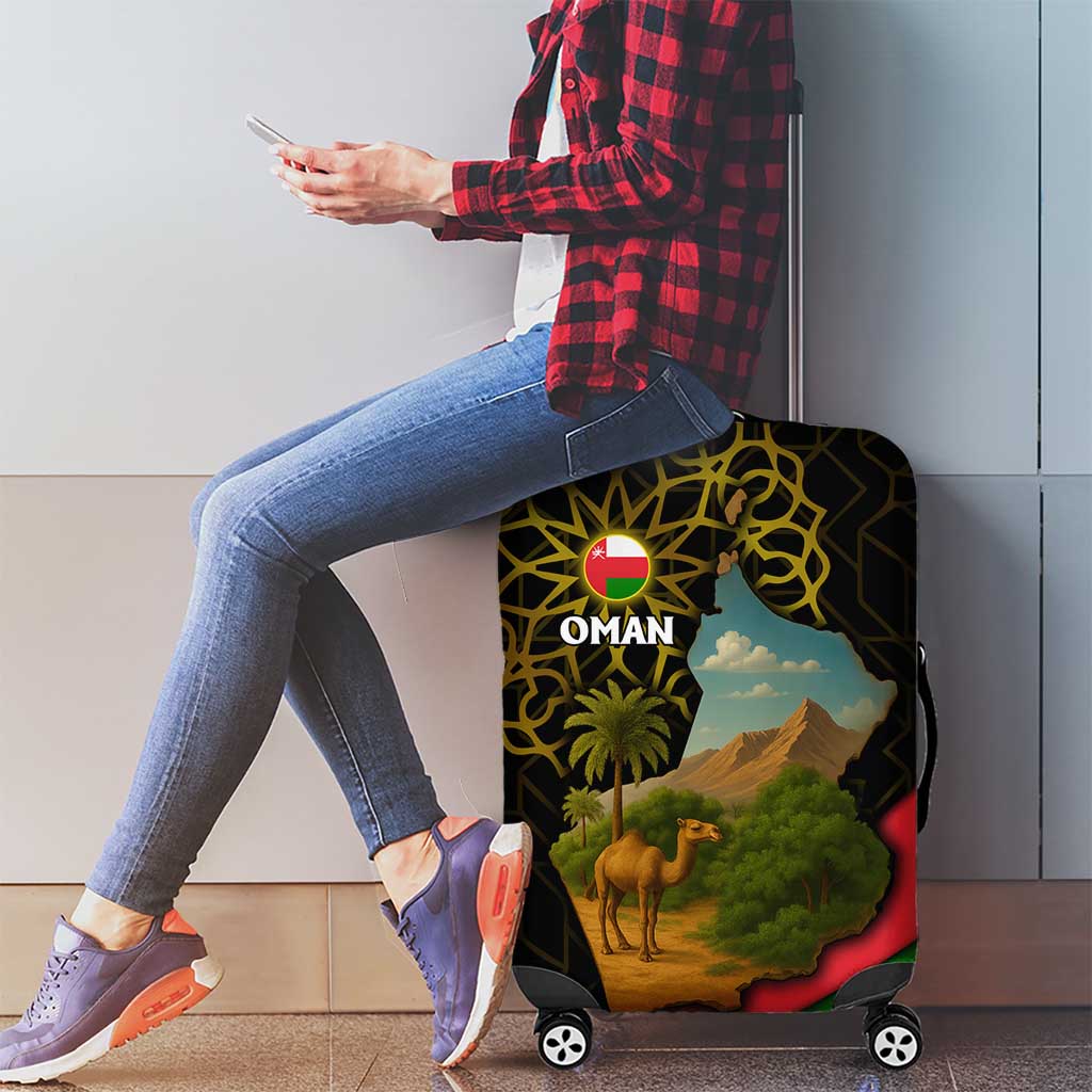 Oman Luggage Cover with Camel Landscape and Geometric Pattern Design TS04