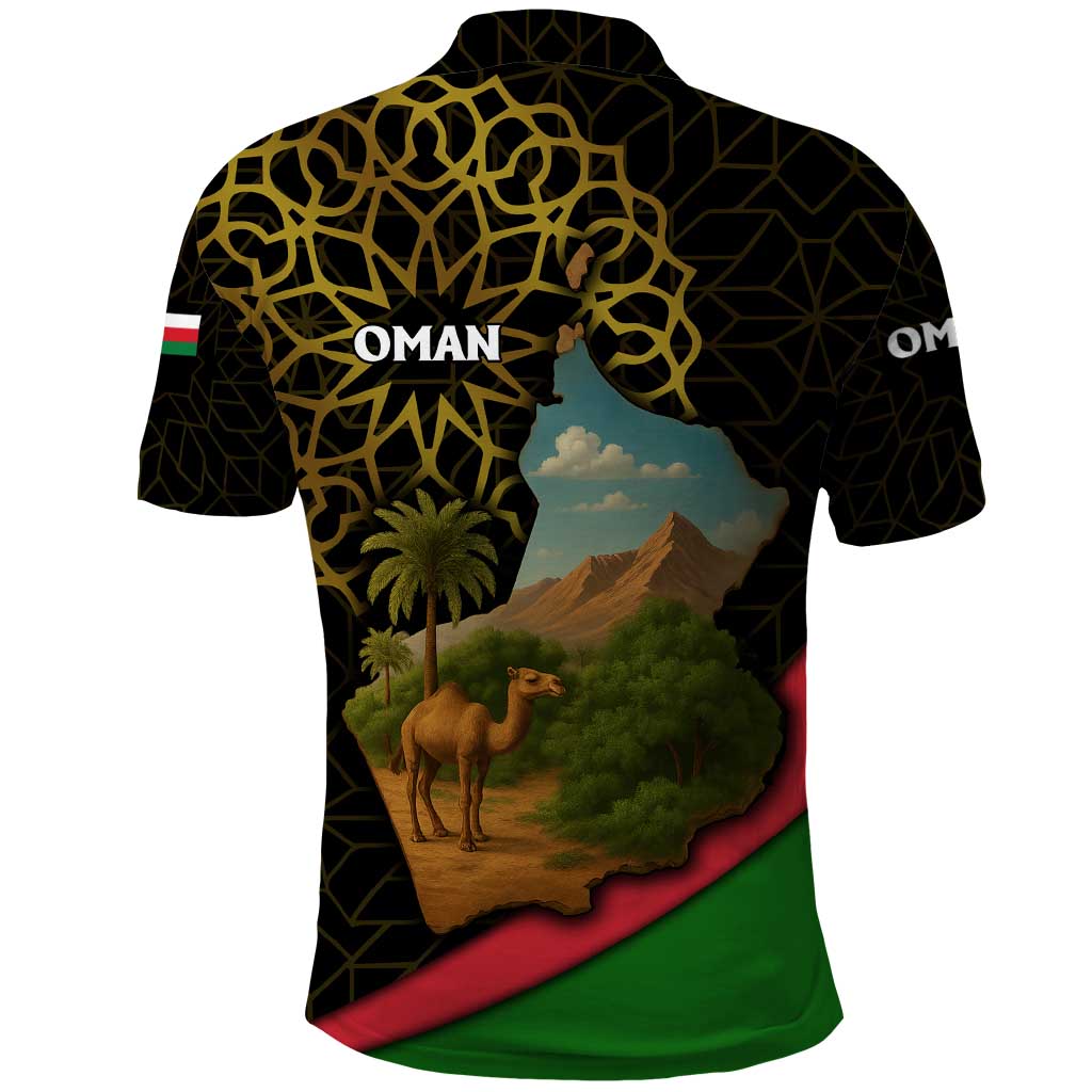 Oman Polo Shirt with Camel Landscape and Geometric Pattern Design TS04
