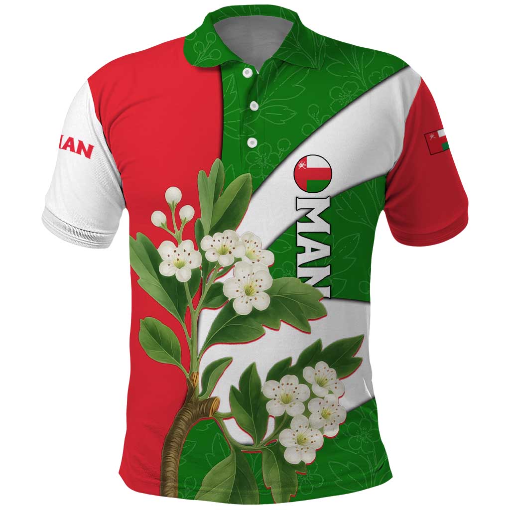 Oman Polo Shirt with White Blossom Floral Design and National Flag Colors TS04