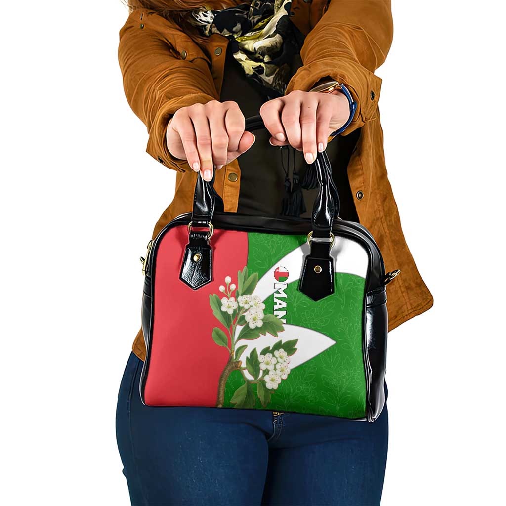 Oman Shoulder Handbag with White Blossom Floral Design and National Flag Colors TS04