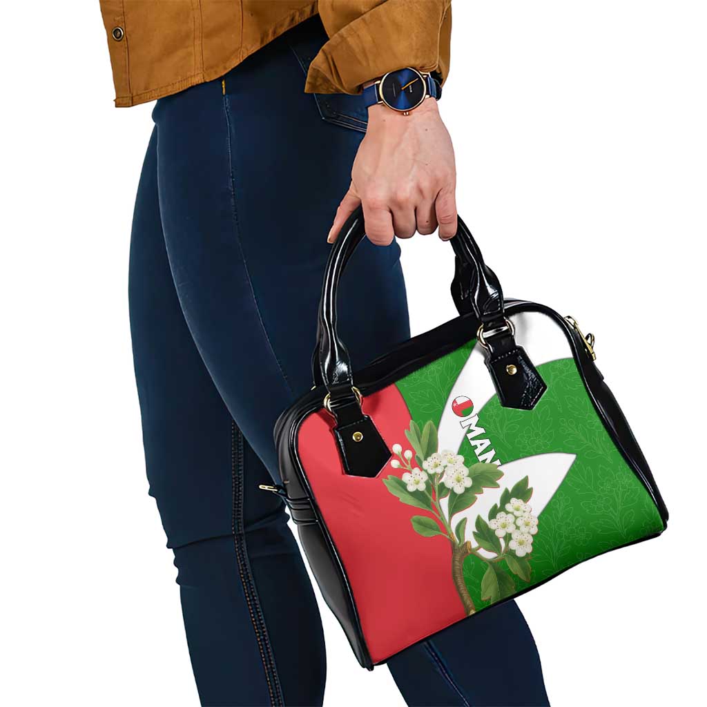 Oman Shoulder Handbag with White Blossom Floral Design and National Flag Colors TS04