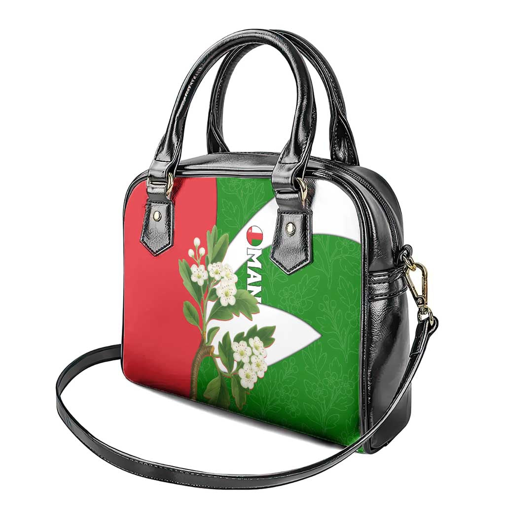 Oman Shoulder Handbag with White Blossom Floral Design and National Flag Colors TS04
