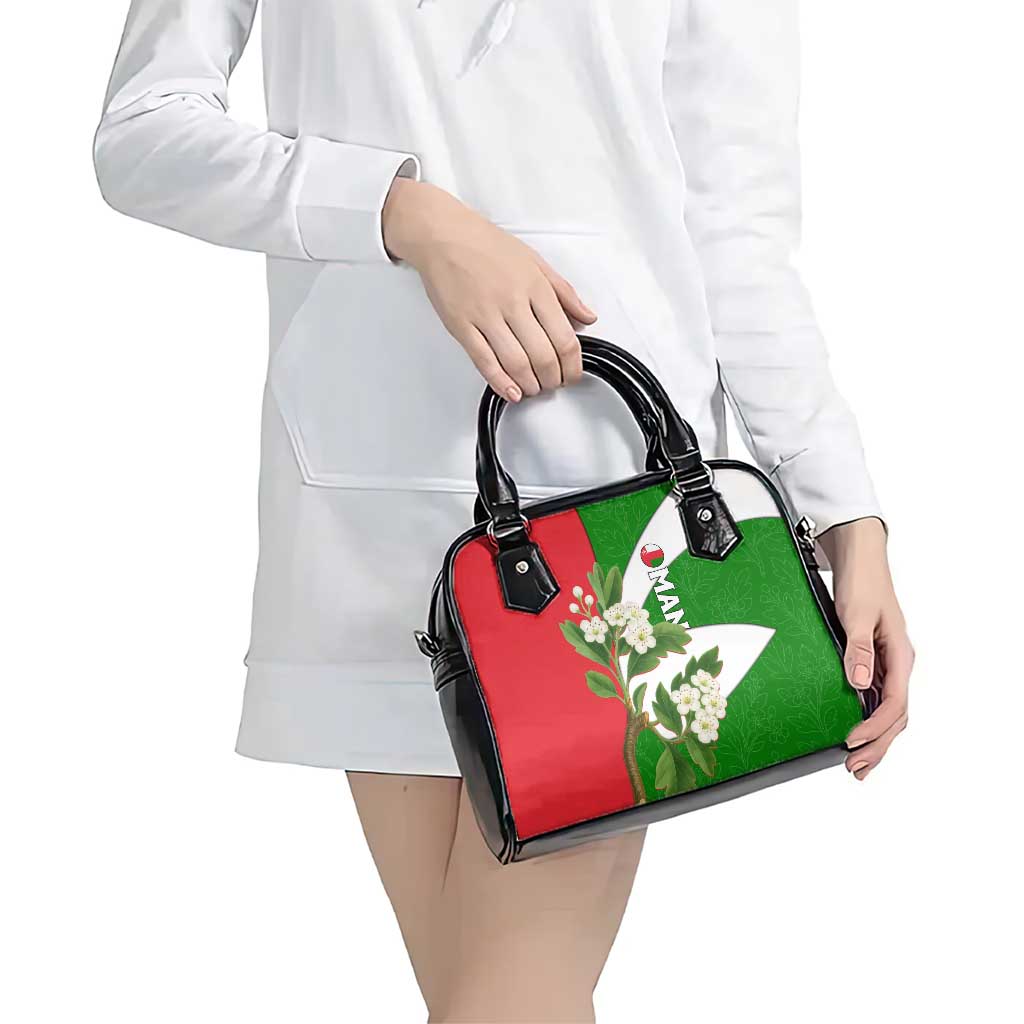 Oman Shoulder Handbag with White Blossom Floral Design and National Flag Colors TS04