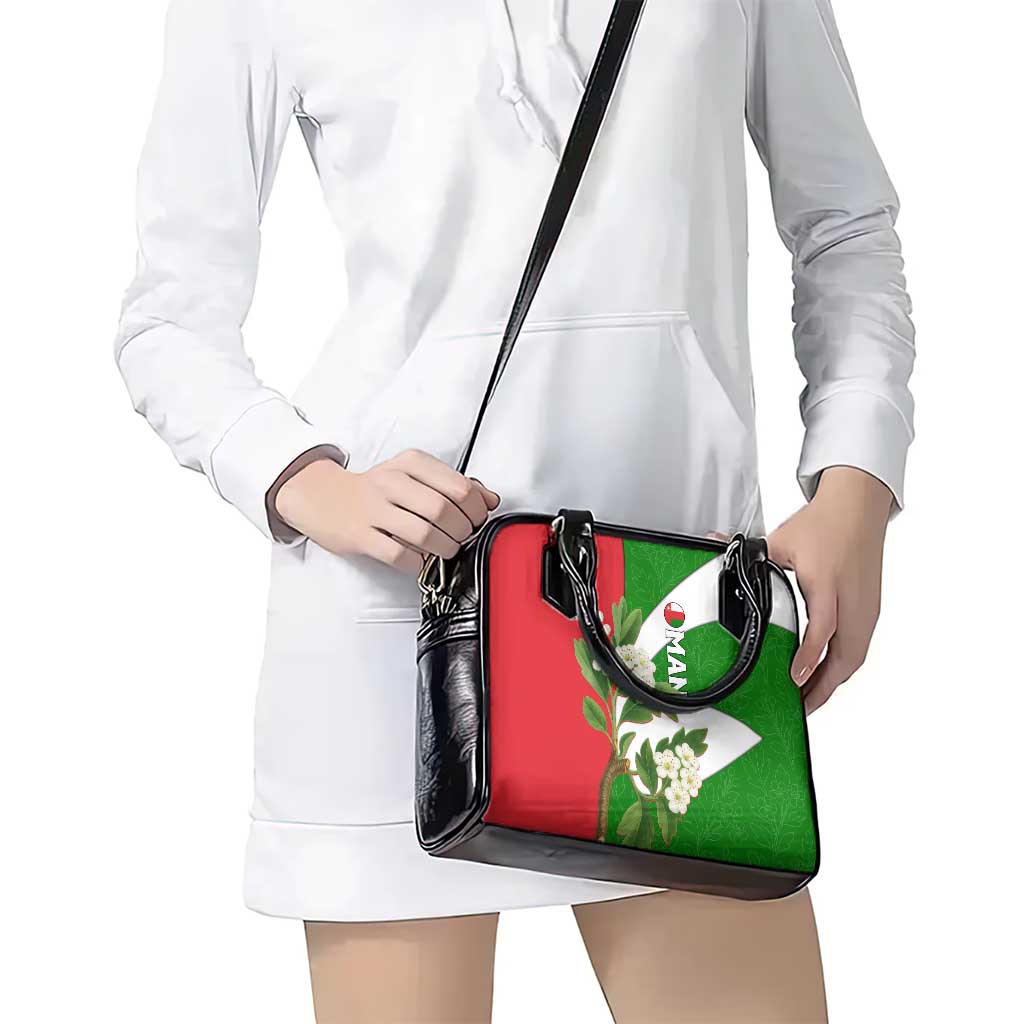 Oman Shoulder Handbag with White Blossom Floral Design and National Flag Colors TS04