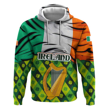 Ireland Hoodie with Irish Flag Harp and Shamrock Pattern Design TS04