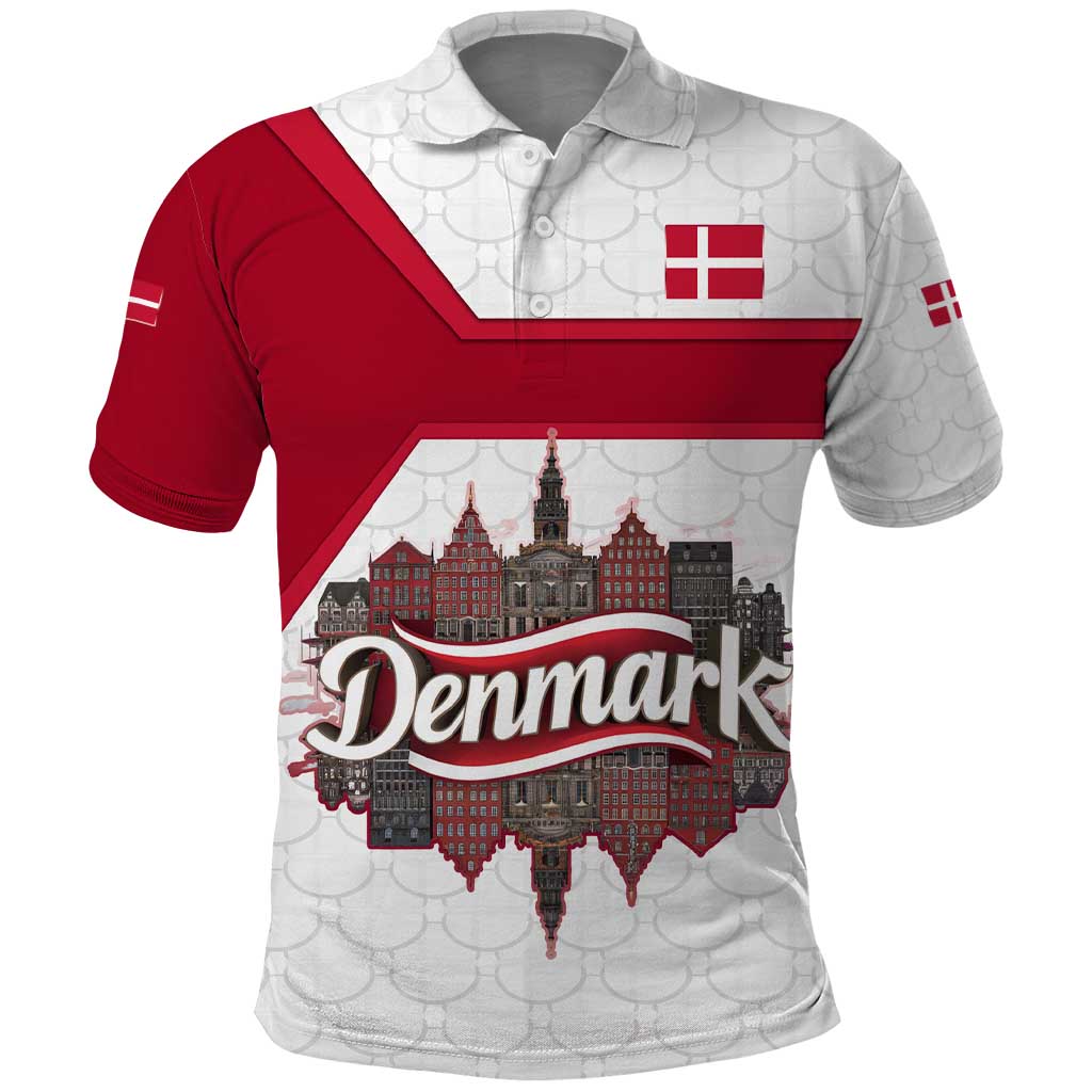 Denmark Polo Shirt with Cityscape Print and Royal Coat of Arms Design TS04