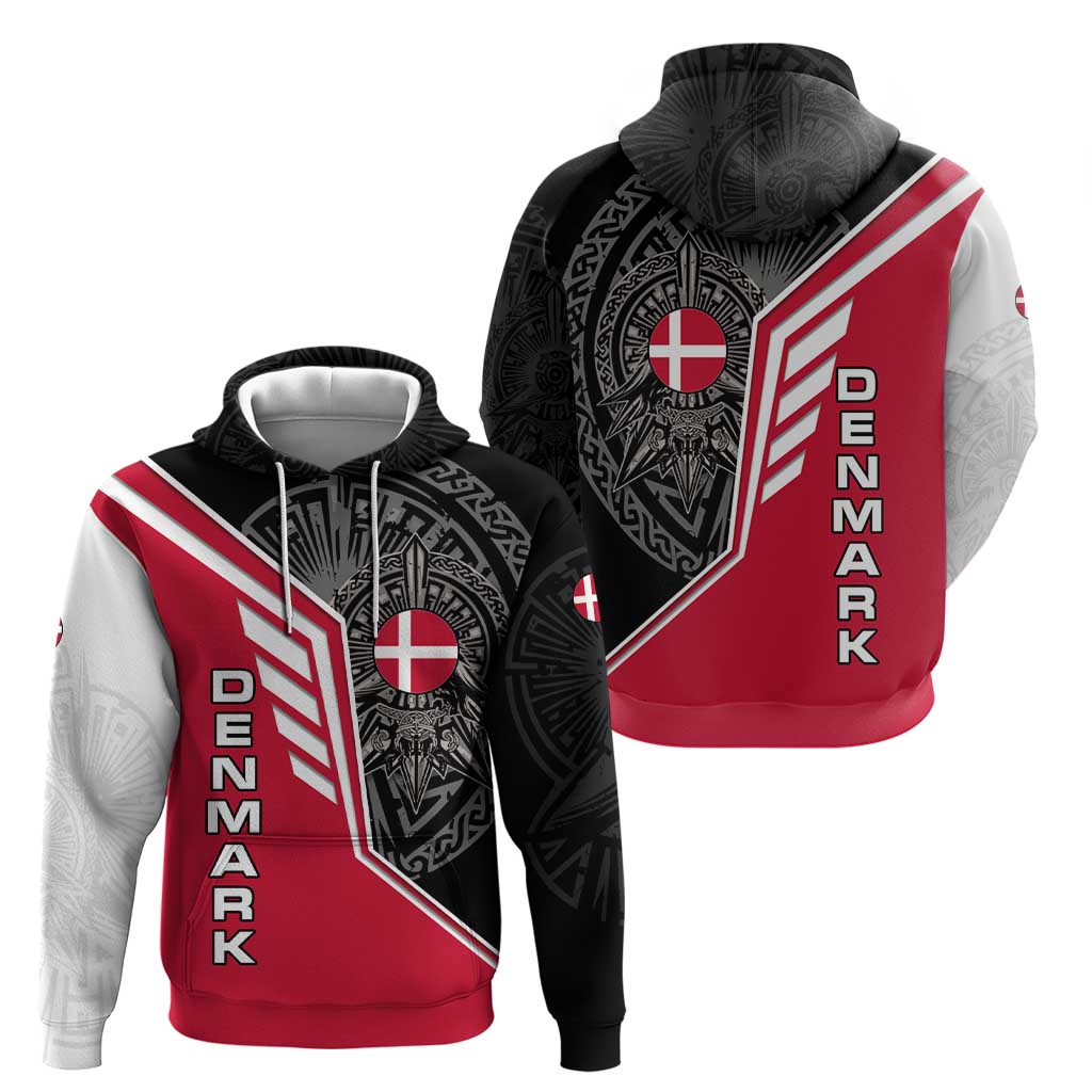 Denmark Flag Hoodie with Viking Rune Pattern and Nordic Crest Design TS04