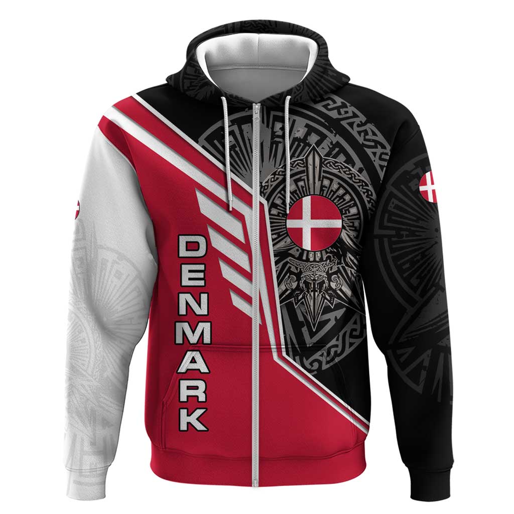 Denmark Flag Hoodie with Viking Rune Pattern and Nordic Crest Design TS04