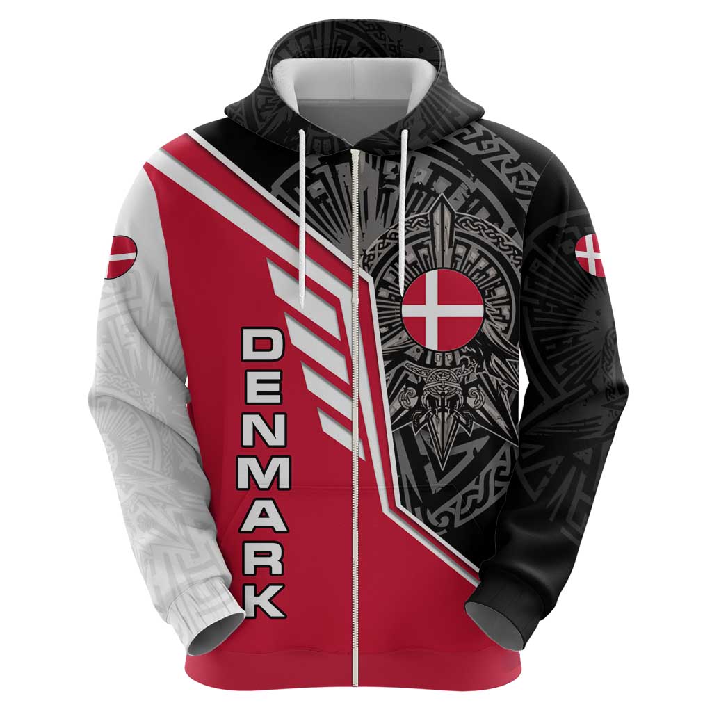 Denmark Flag Hoodie with Viking Rune Pattern and Nordic Crest Design TS04