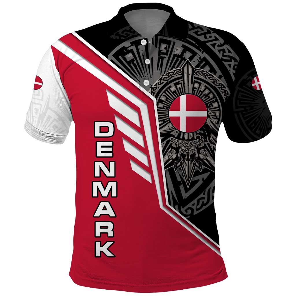 Denmark Flag Polo Shirt with Viking Rune Pattern and Nordic Crest Design TS04
