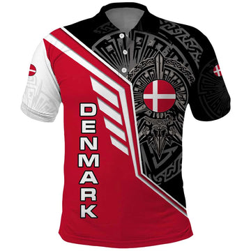 Denmark Flag Polo Shirt with Viking Rune Pattern and Nordic Crest Design TS04