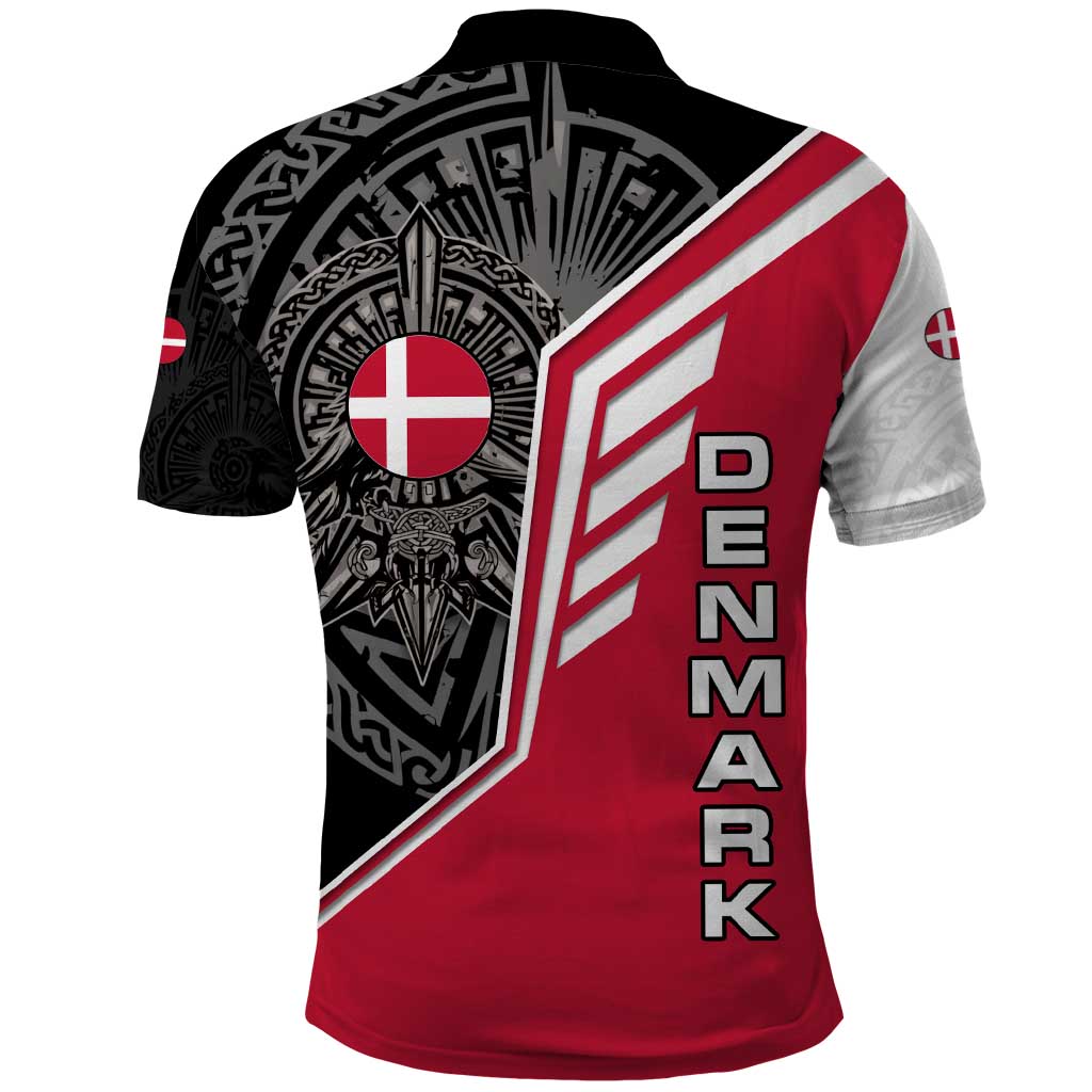 Denmark Flag Polo Shirt with Viking Rune Pattern and Nordic Crest Design TS04