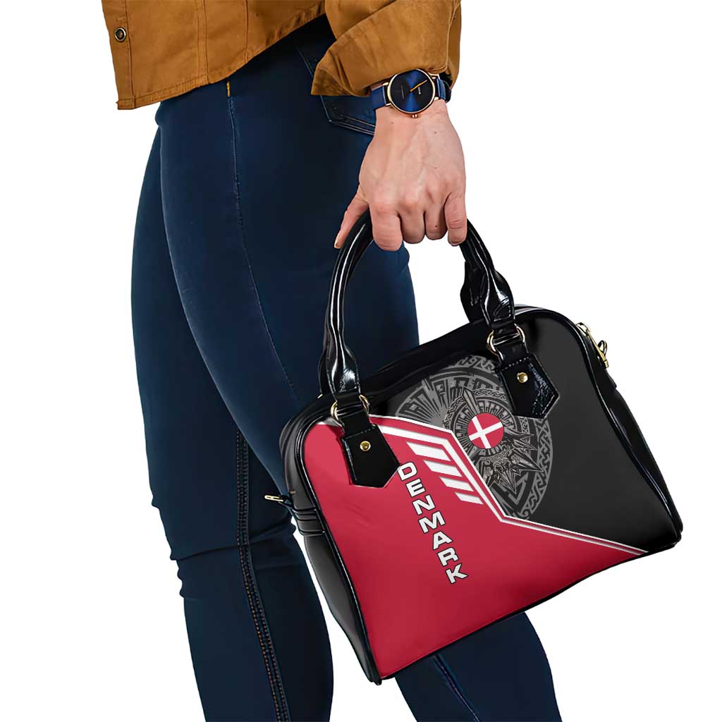 Denmark Flag Shoulder Handbag with Viking Rune Pattern and Nordic Crest Design TS04