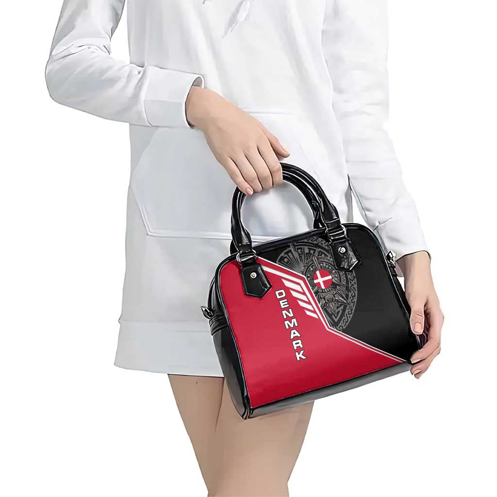 Denmark Flag Shoulder Handbag with Viking Rune Pattern and Nordic Crest Design TS04