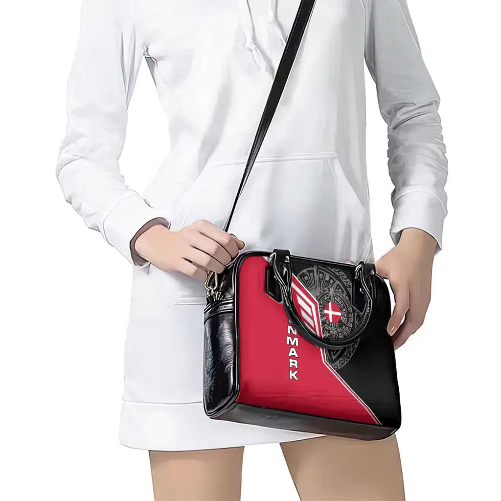 Denmark Flag Shoulder Handbag with Viking Rune Pattern and Nordic Crest Design TS04