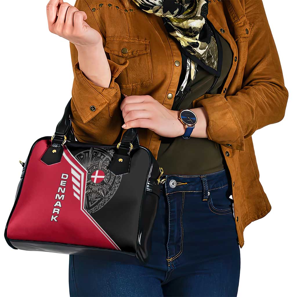 Denmark Flag Shoulder Handbag with Viking Rune Pattern and Nordic Crest Design TS04