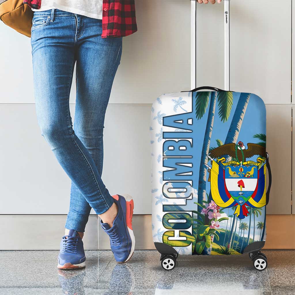 Colombia Palm Tree Landscape Luggage Cover with Tropical Flowers and Blue Sky Design TS04