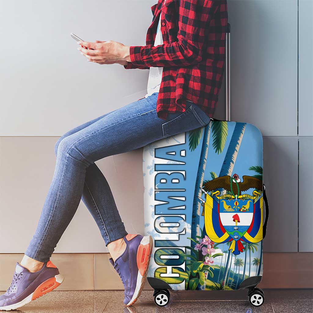 Colombia Palm Tree Landscape Luggage Cover with Tropical Flowers and Blue Sky Design TS04