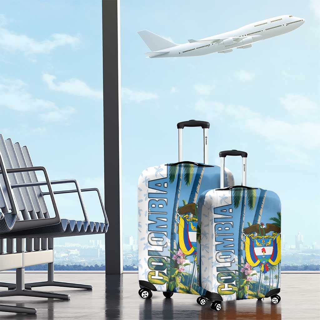 Colombia Palm Tree Landscape Luggage Cover with Tropical Flowers and Blue Sky Design TS04