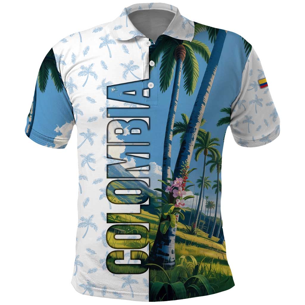 Colombia Palm Tree Landscape Polo Shirt with Tropical Flowers and Blue Sky Design TS04