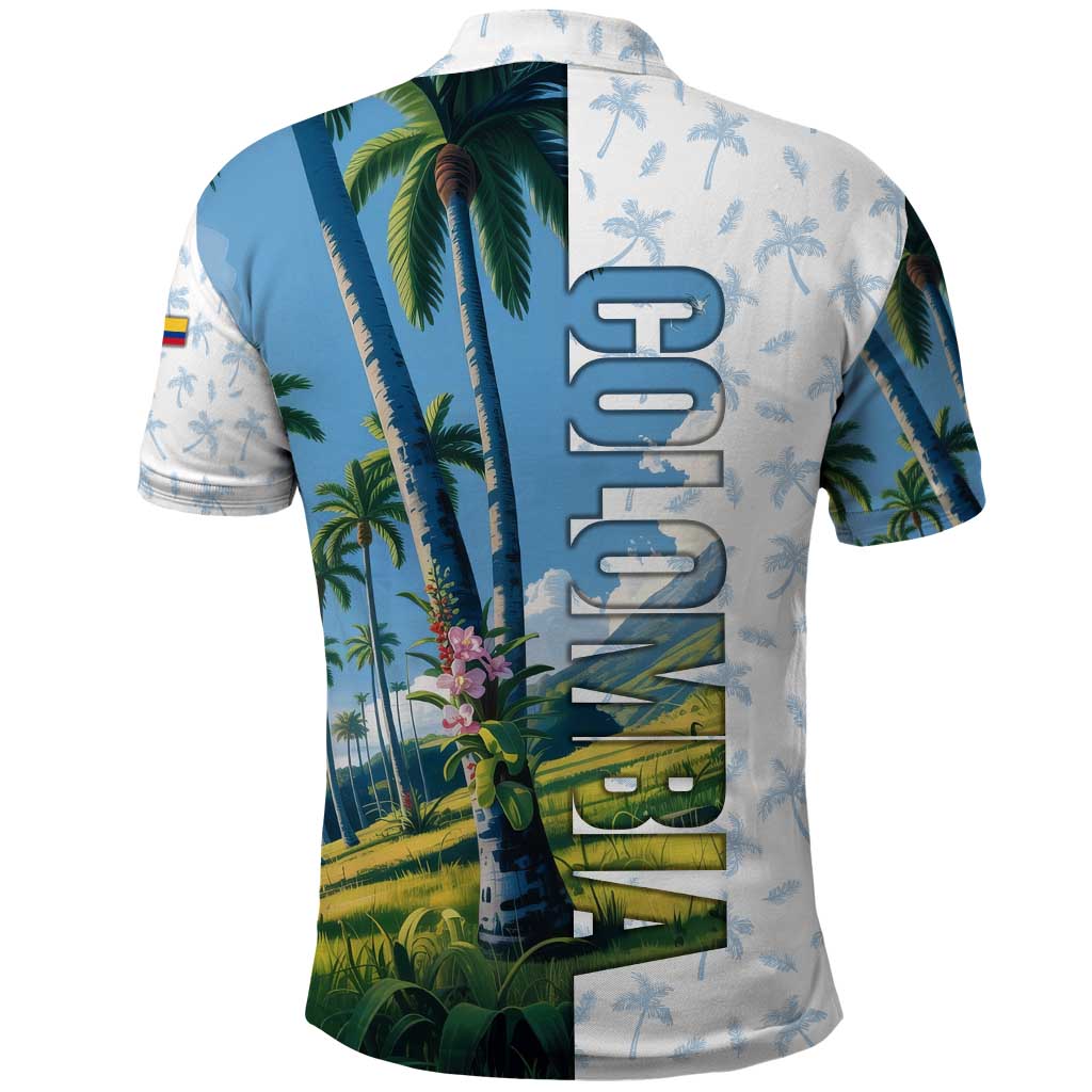 Colombia Palm Tree Landscape Polo Shirt with Tropical Flowers and Blue Sky Design TS04
