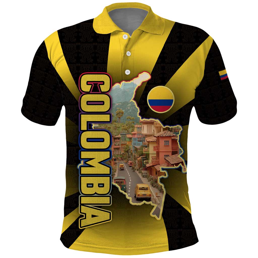 Colombia Heritage Polo Shirt with Yellow Black Flag Map and City Street Art TS04