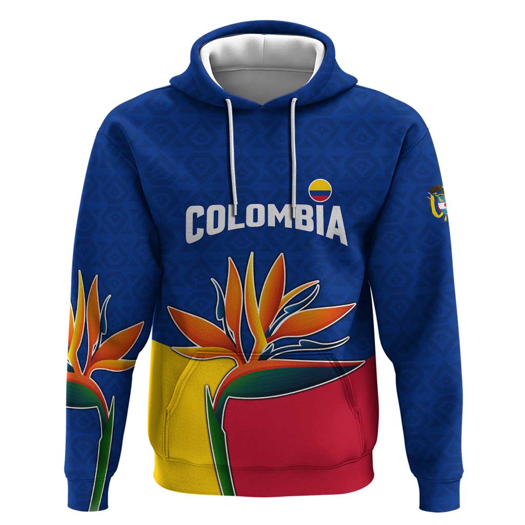 Colombia Heliconia Flower Hoodie with Flag Colors and Blue Cultural Pattern Design TS04