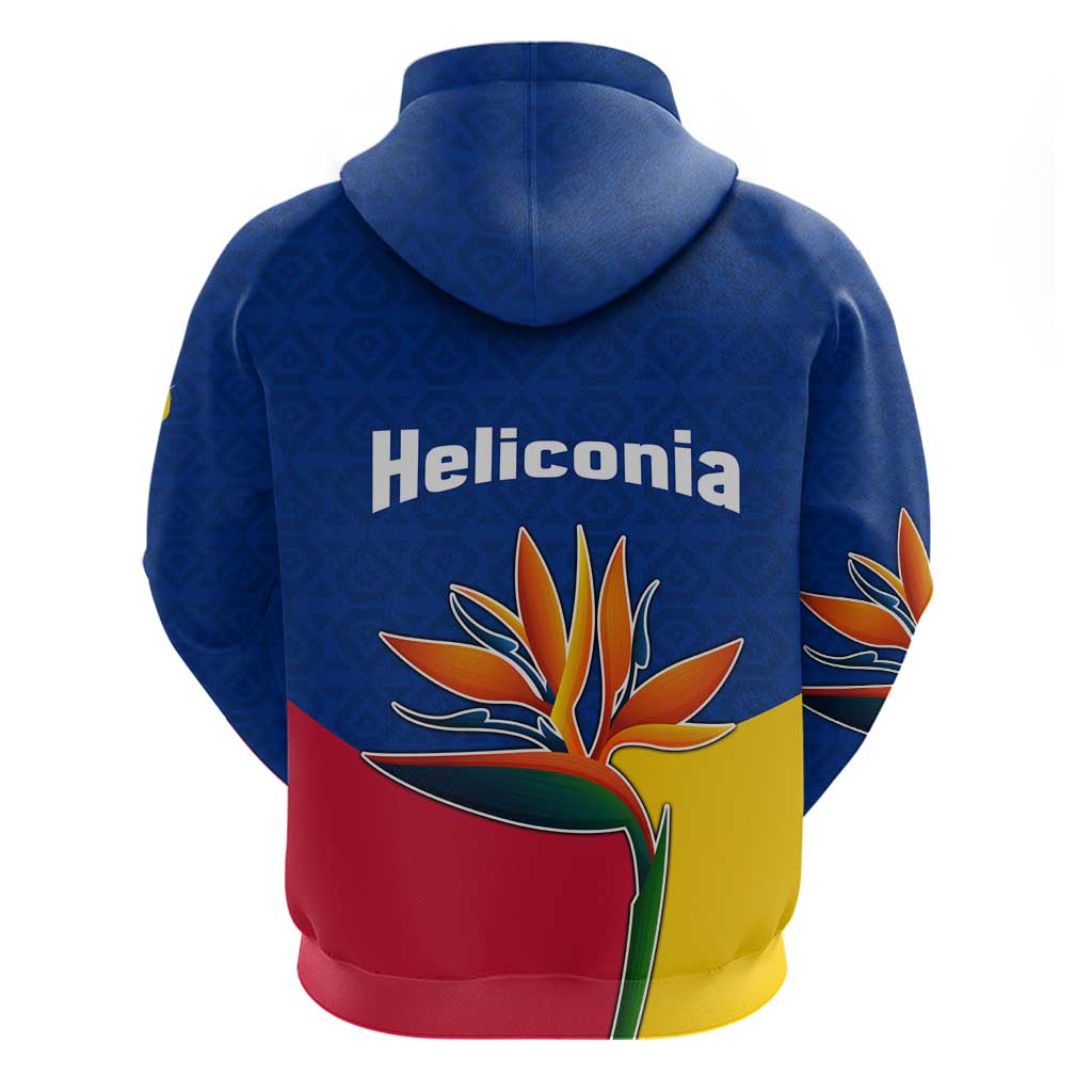 Colombia Heliconia Flower Hoodie with Flag Colors and Blue Cultural Pattern Design TS04