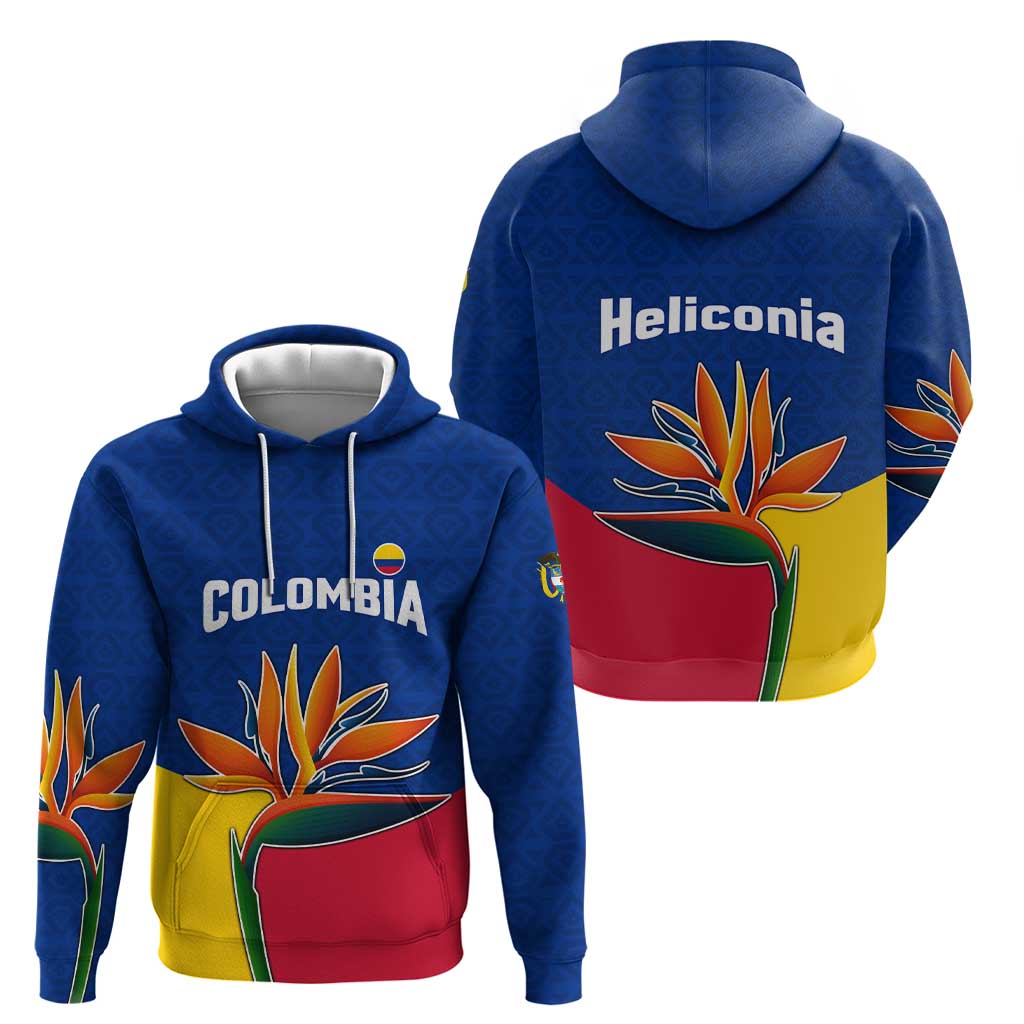 Colombia Heliconia Flower Hoodie with Flag Colors and Blue Cultural Pattern Design TS04