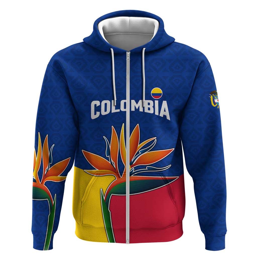 Colombia Heliconia Flower Hoodie with Flag Colors and Blue Cultural Pattern Design TS04