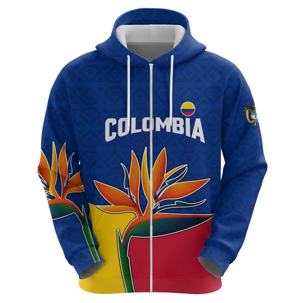 Colombia Heliconia Flower Hoodie with Flag Colors and Blue Cultural Pattern Design TS04
