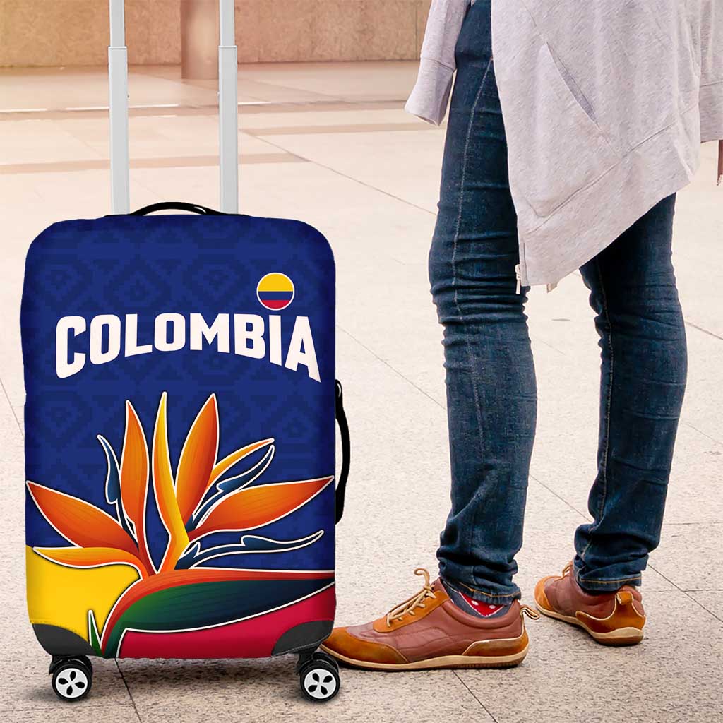 Colombia Heliconia Flower Luggage Cover with Flag Colors and Blue Cultural Pattern Design TS04