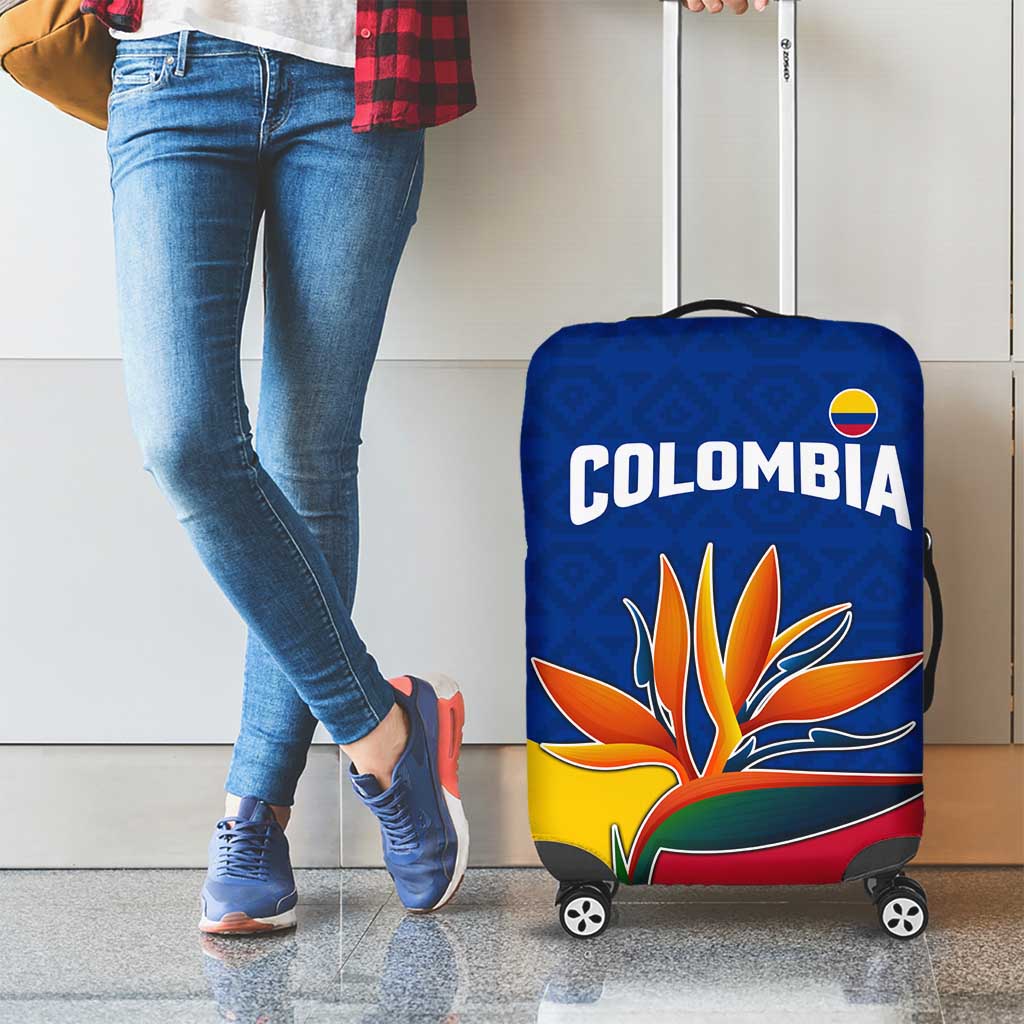 Colombia Heliconia Flower Luggage Cover with Flag Colors and Blue Cultural Pattern Design TS04