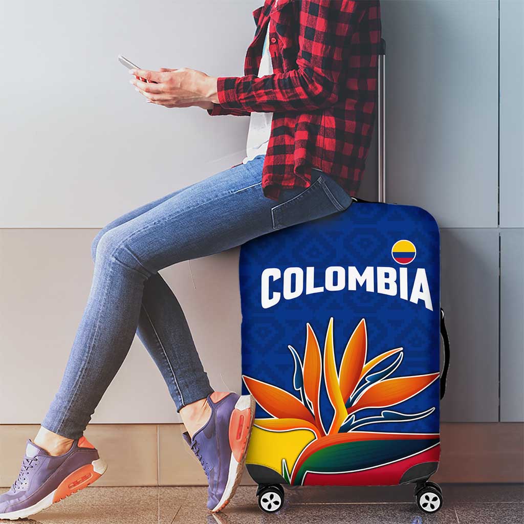 Colombia Heliconia Flower Luggage Cover with Flag Colors and Blue Cultural Pattern Design TS04