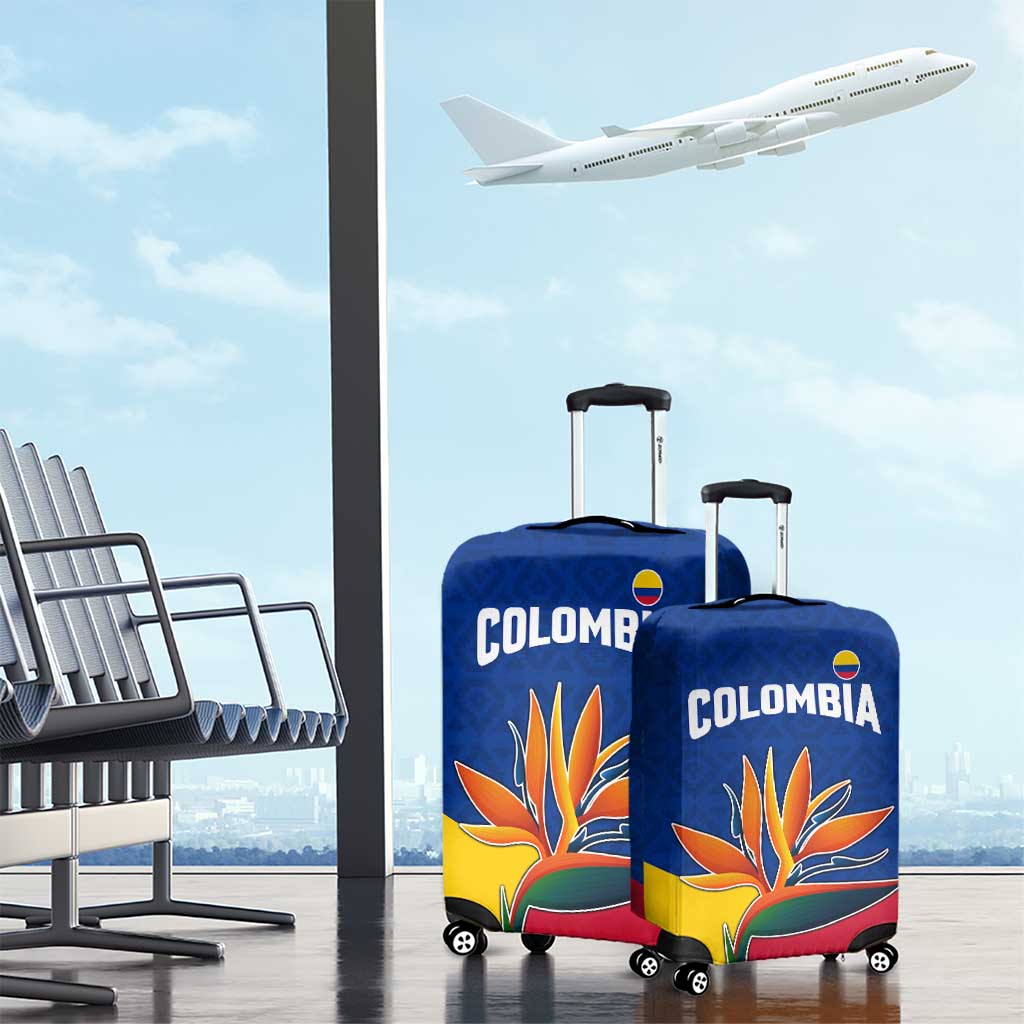Colombia Heliconia Flower Luggage Cover with Flag Colors and Blue Cultural Pattern Design TS04