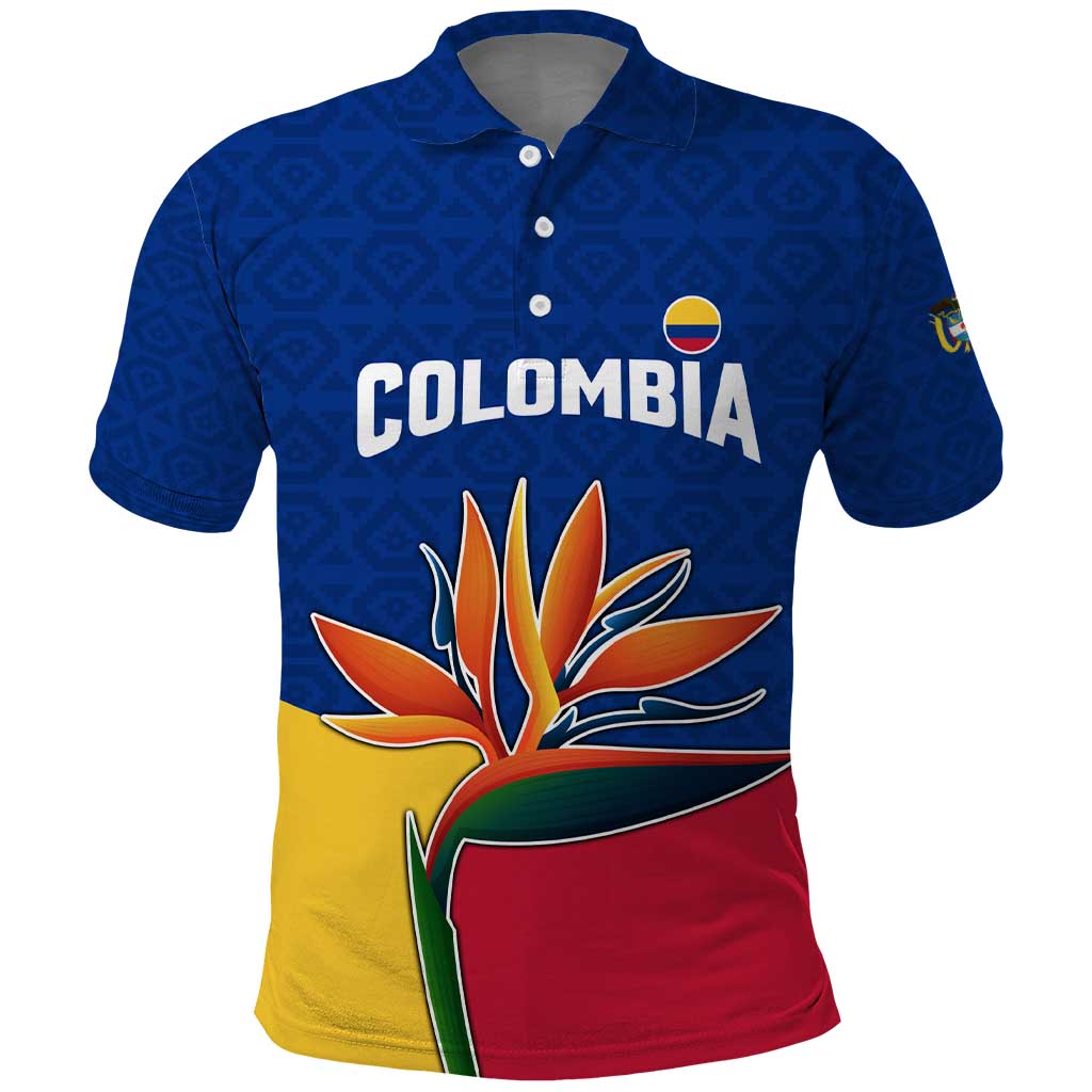 Colombia Heliconia Flower Polo Shirt with Flag Colors and Blue Cultural Pattern Design TS04