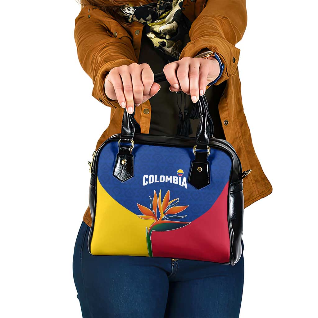 Colombia Heliconia Flower Shoulder Handbag with Flag Colors and Blue Cultural Pattern Design TS04