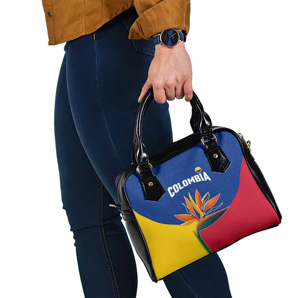 Colombia Heliconia Flower Shoulder Handbag with Flag Colors and Blue Cultural Pattern Design TS04