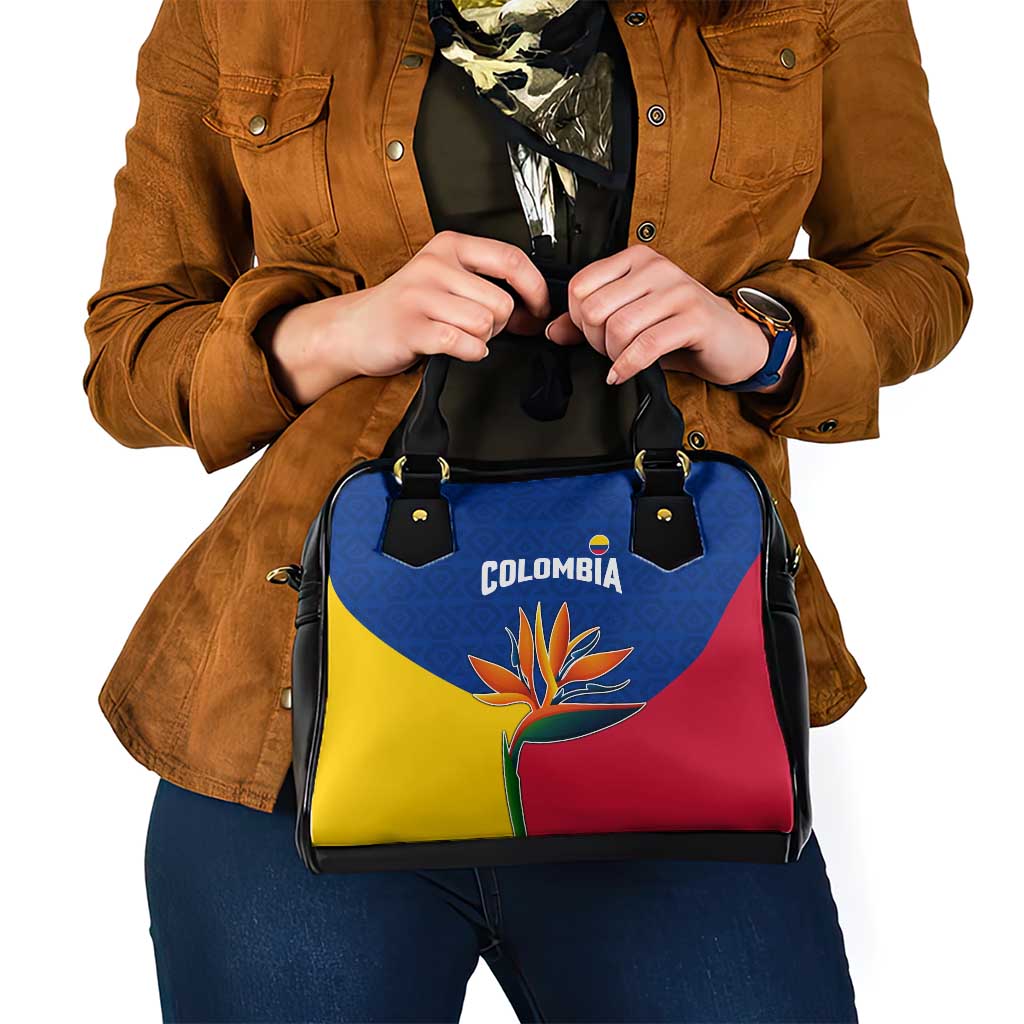 Colombia Heliconia Flower Shoulder Handbag with Flag Colors and Blue Cultural Pattern Design TS04