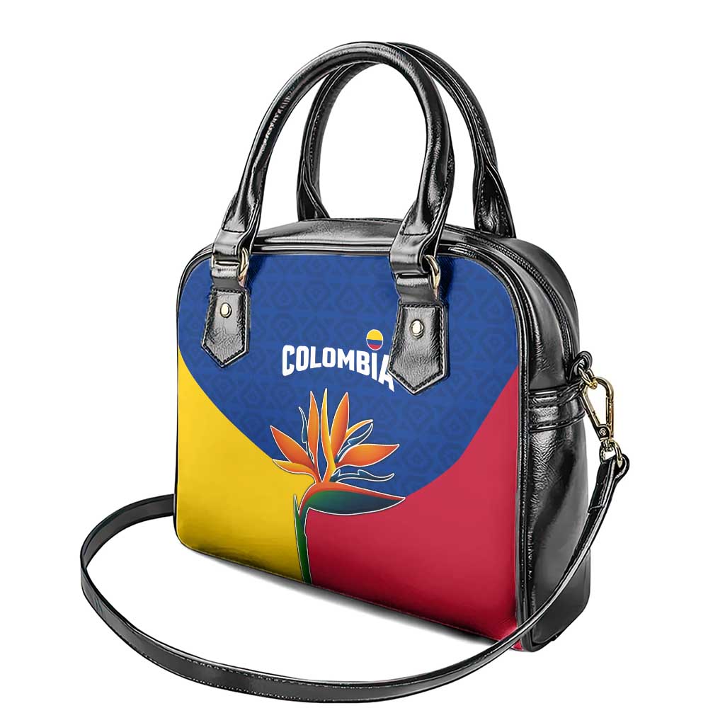 Colombia Heliconia Flower Shoulder Handbag with Flag Colors and Blue Cultural Pattern Design TS04