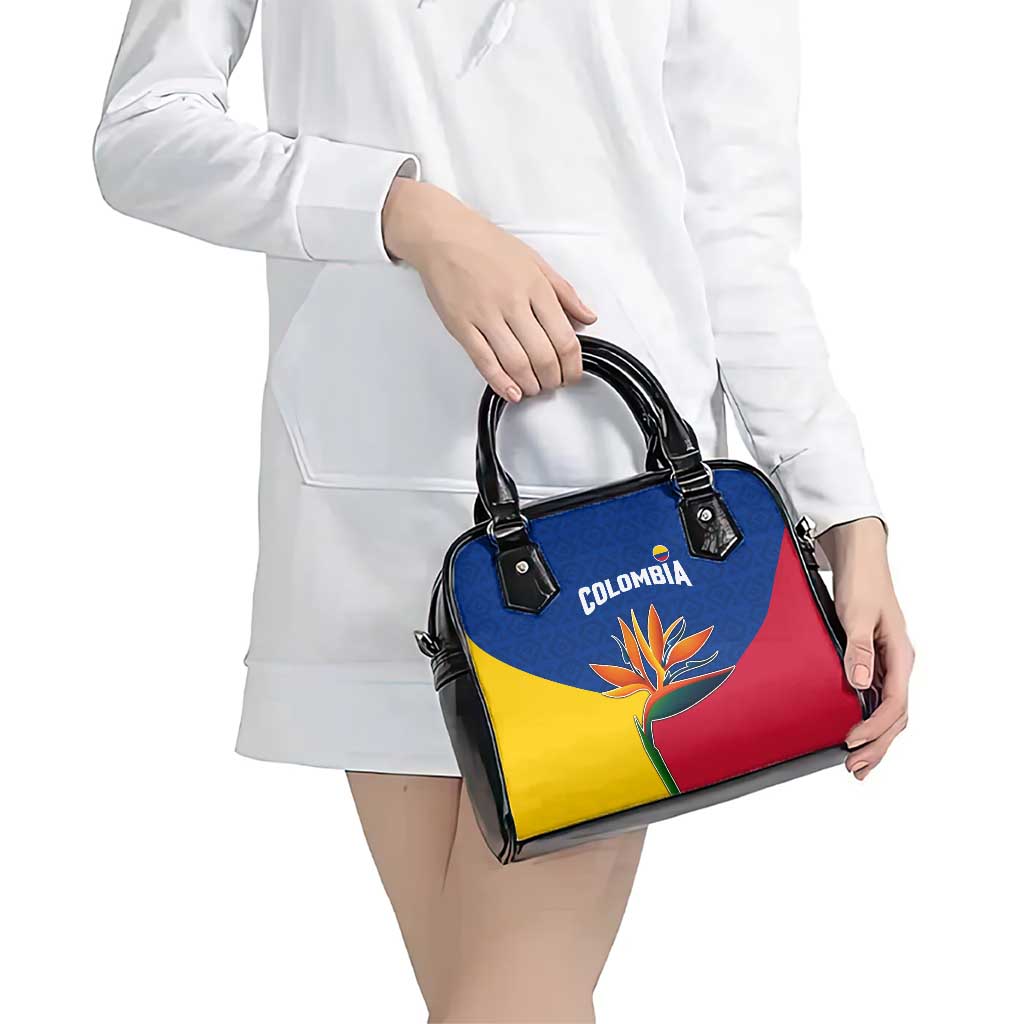 Colombia Heliconia Flower Shoulder Handbag with Flag Colors and Blue Cultural Pattern Design TS04