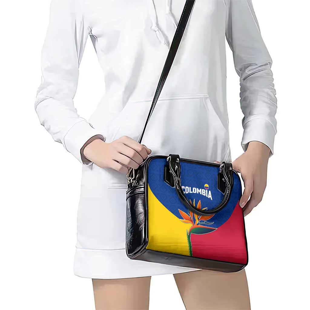 Colombia Heliconia Flower Shoulder Handbag with Flag Colors and Blue Cultural Pattern Design TS04